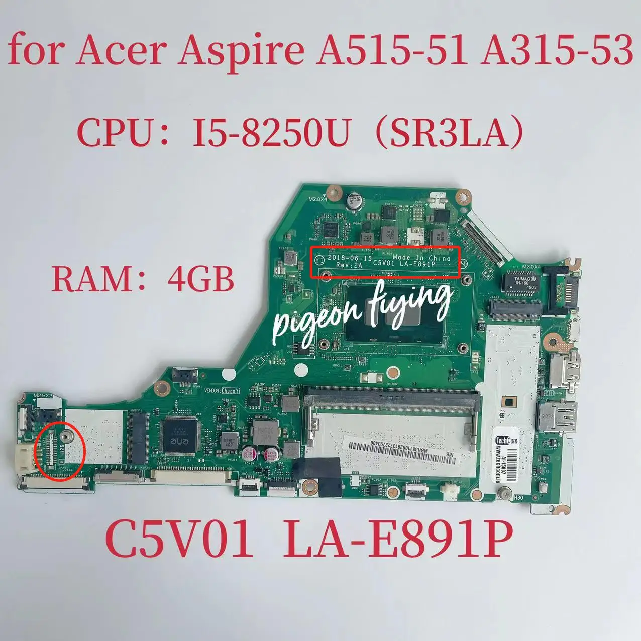 C5V01 LA-E891P Emaplaadi Acer Aspire A515-51 A315-53 Sülearvuti Emaplaadi Koos I5-8250U SR3LA CPU RAM:4GB UAM DDR4 100% Test OK