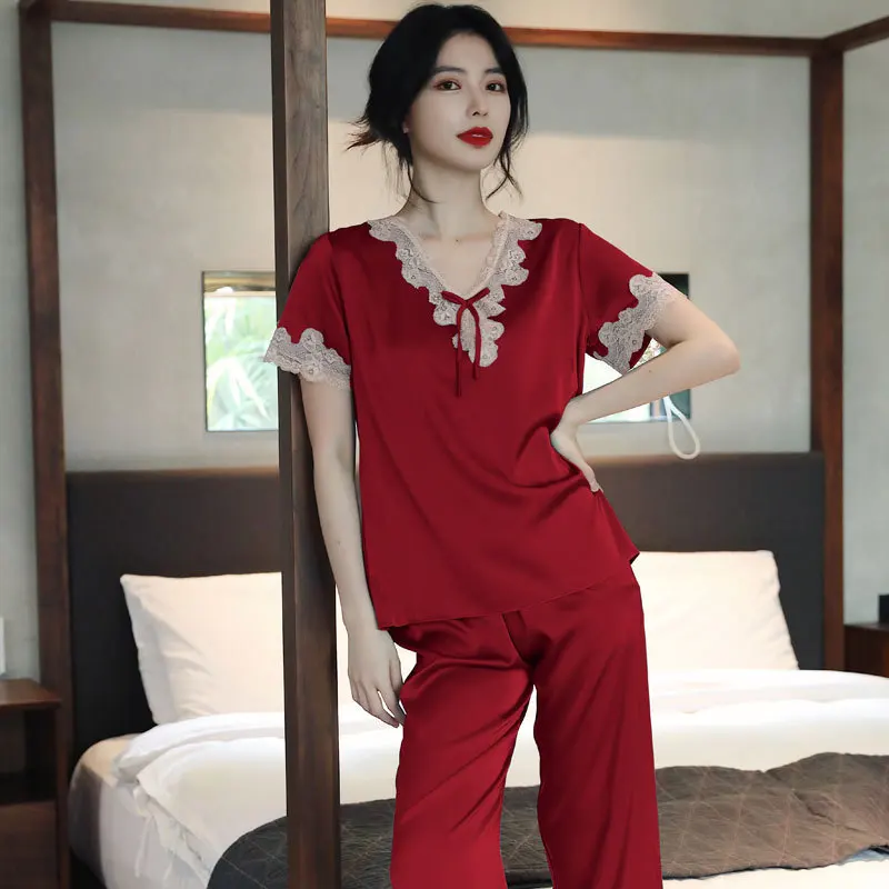 Lühikesed Varrukad Pidžaama Ülikond Naiste 2TK Pjs Komplekti Suvel Hubane Nightwear Pits V-Kaeluse Femme Sleepwear Vabaaja Kodu Riided Siserõivad