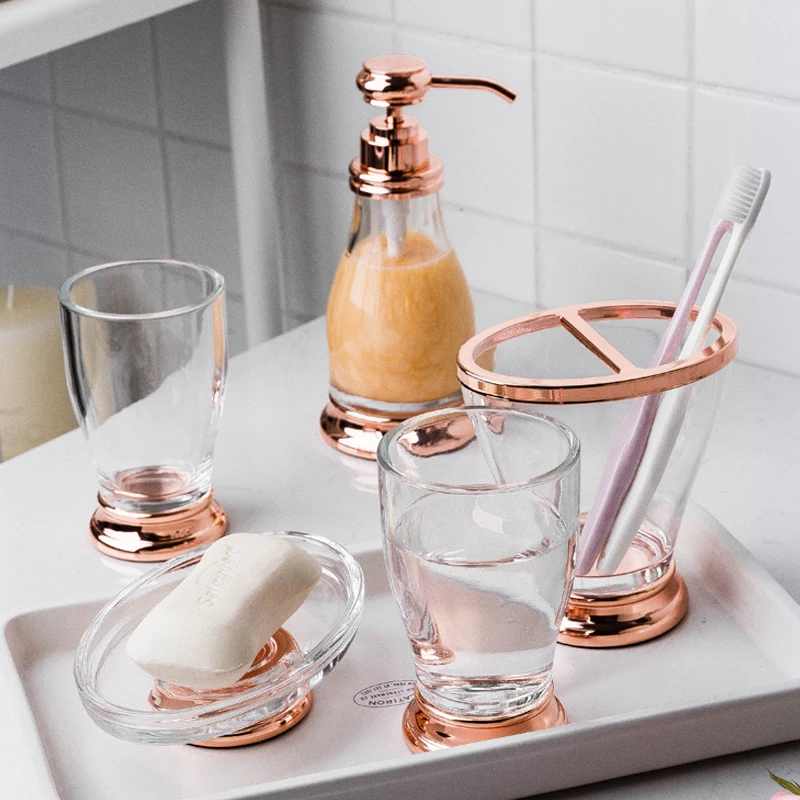 Luksus Transparant vannitoa komplekt Rose gold leibkonna pesta cup vannituba tarvikute komplekt hambahari omanik komplekt