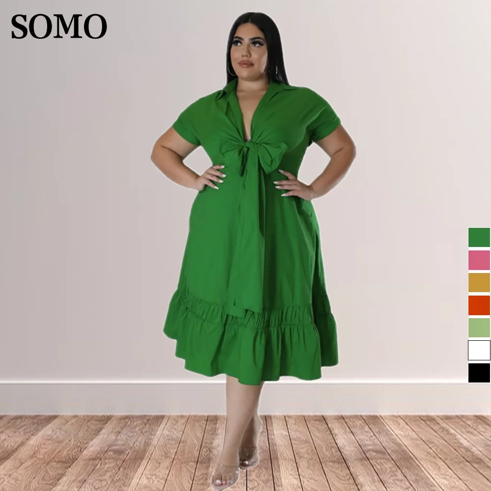 SOMO 2022 Pluss Suurus Naiste Riided (Solid Color Rinnamikrofon Elegantne Kleidid Daamid Mood Lace Up Plisseeritud Kleit Hulgimüük Dropshipping