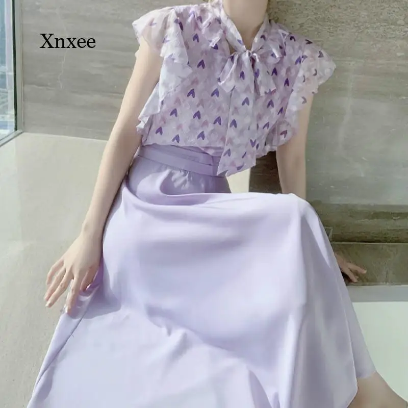 2021 Suvel Naiste Elegantne Kleit Lilla Kõrge Vöökoht Mood Kleit Prindi Bow Mood Varrukateta Sifonki keskmise Pikkusega Kleit