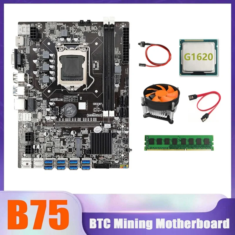 B75 BTC Kaevandaja Emaplaadi 8XUSB+G1620 CPU+4G DDR3 1600Mhz RAM+CPU Jahutus Ventilaator+Lüliti Kaabel+SATA Kaabel, USB-Emaplaadi