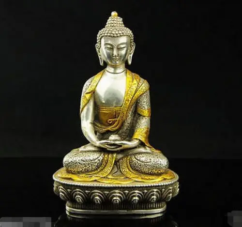 Haruldaste Tiibeti Hõbe, Vask, Kullatud Tiibeti Budismi Kuju -- Buddha Sakyamuni teenetemärgi metallist käsitöö