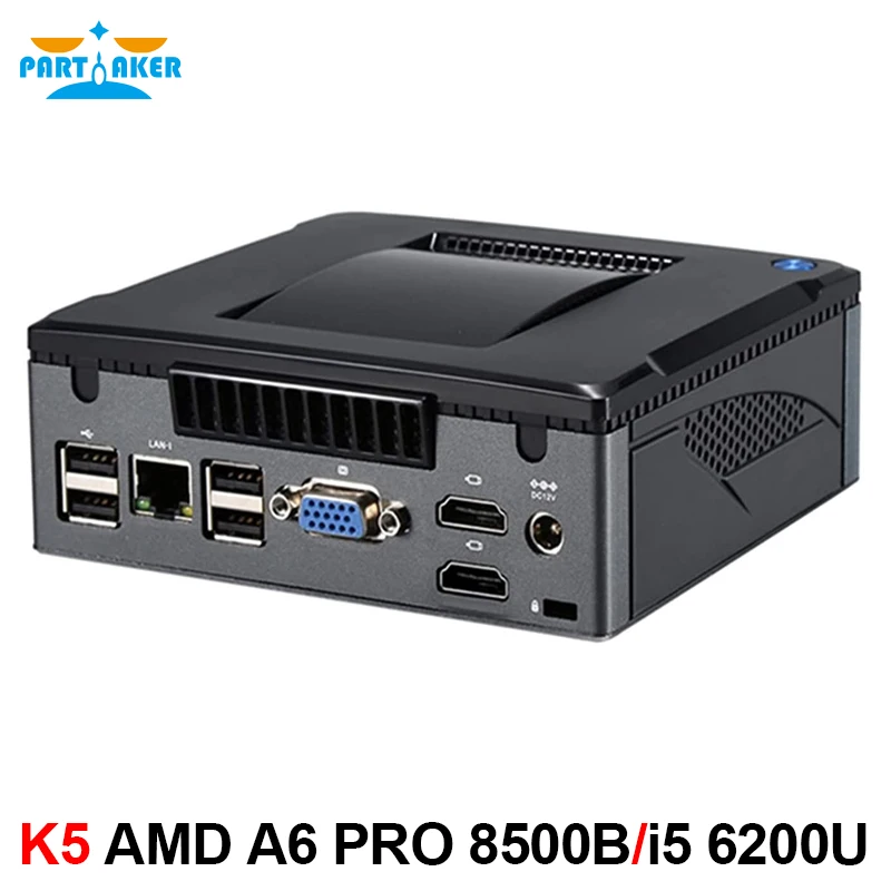 Partaker Mini PC Intel Core i5 6200U AMD A6 PRO 8500B Micro PC Windows 10 Pro Toetust 2 HD-MI VGA Gigabit Lan, Dual-Band WiFi