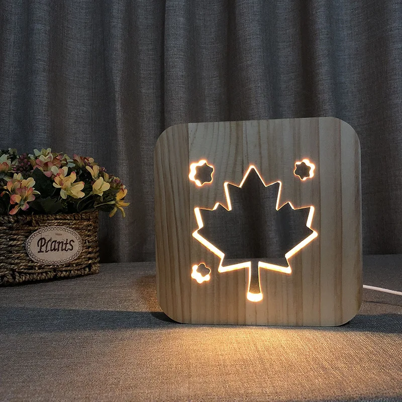 Puit Maple Leaf Lamp Pila-Hollow-out Nikerdamist LED Night Light 3D Puidust Lamp Magamistoas voodi kõrval Hele