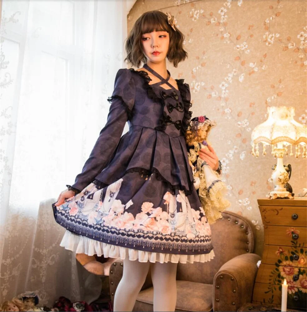 Lolita Pikad Varrukad Op Kleit Gooti Retro Jaapani Tume Prindi Printsess Kleit Cos Loli Kawaii Tee Pool Tüdrukud Lo Vestidos
