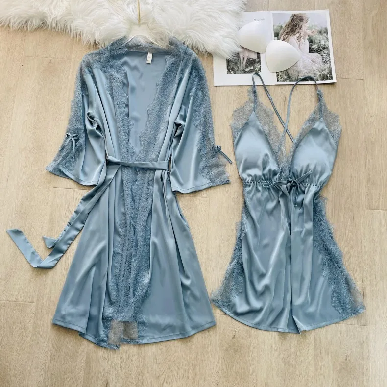 Seksikas Sleepwear 2TK Rüü Set Naiste Kimono Hommikumantel Kleit Nightwear 2022 Uus Satiin Siidist Nightdress Lounge Kanda Pits