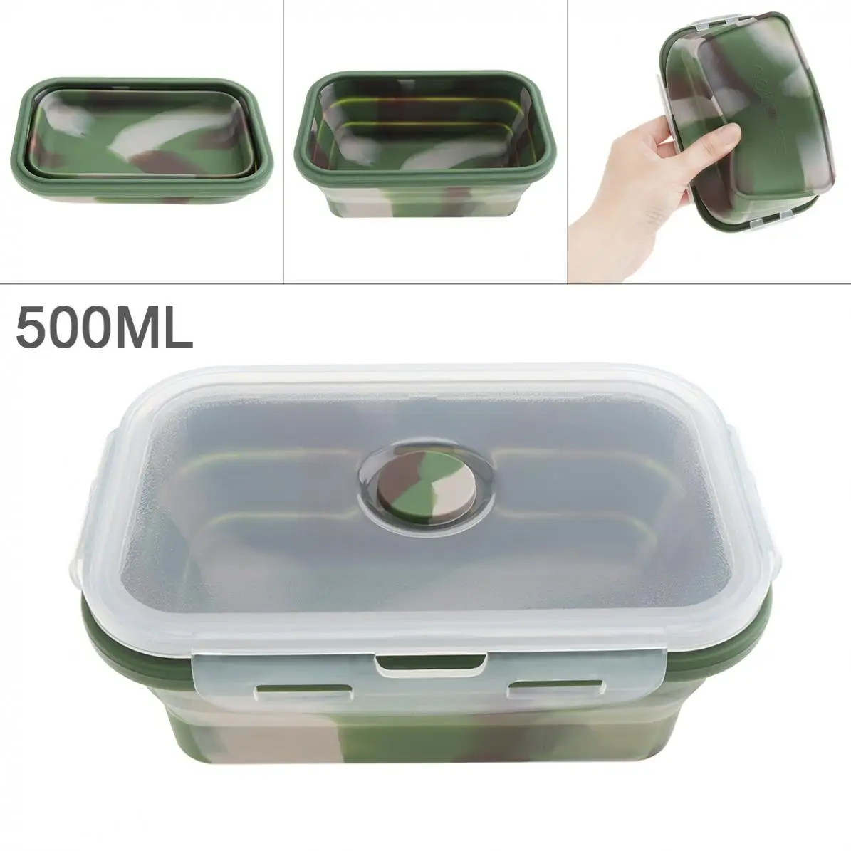 500ML Kamuflaaž Värv Kaasaskantav Ristküliku Silikoon Skaleeritav Kokkuklapitavad Lunchbox Bento Box Silikooniga Tihendi Kork