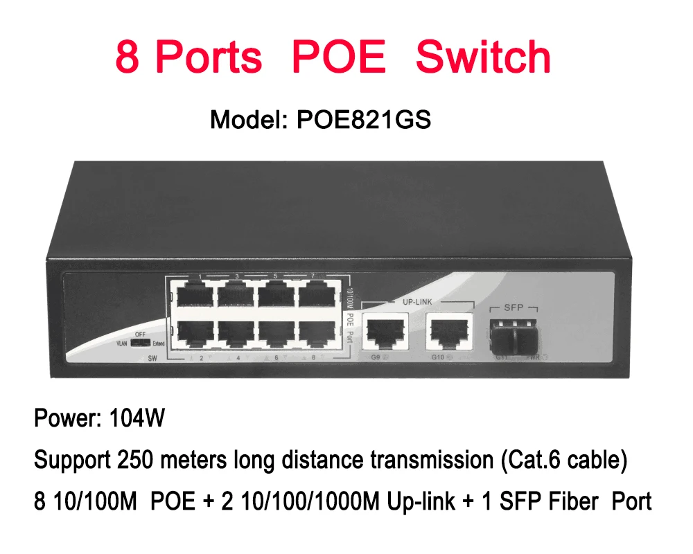 Võrkude 8 Sadamate POE Switch, 2ch 10/100/1000M Uplink Ethernet Switch 1channel Gigabit Switch with SFP Pesa