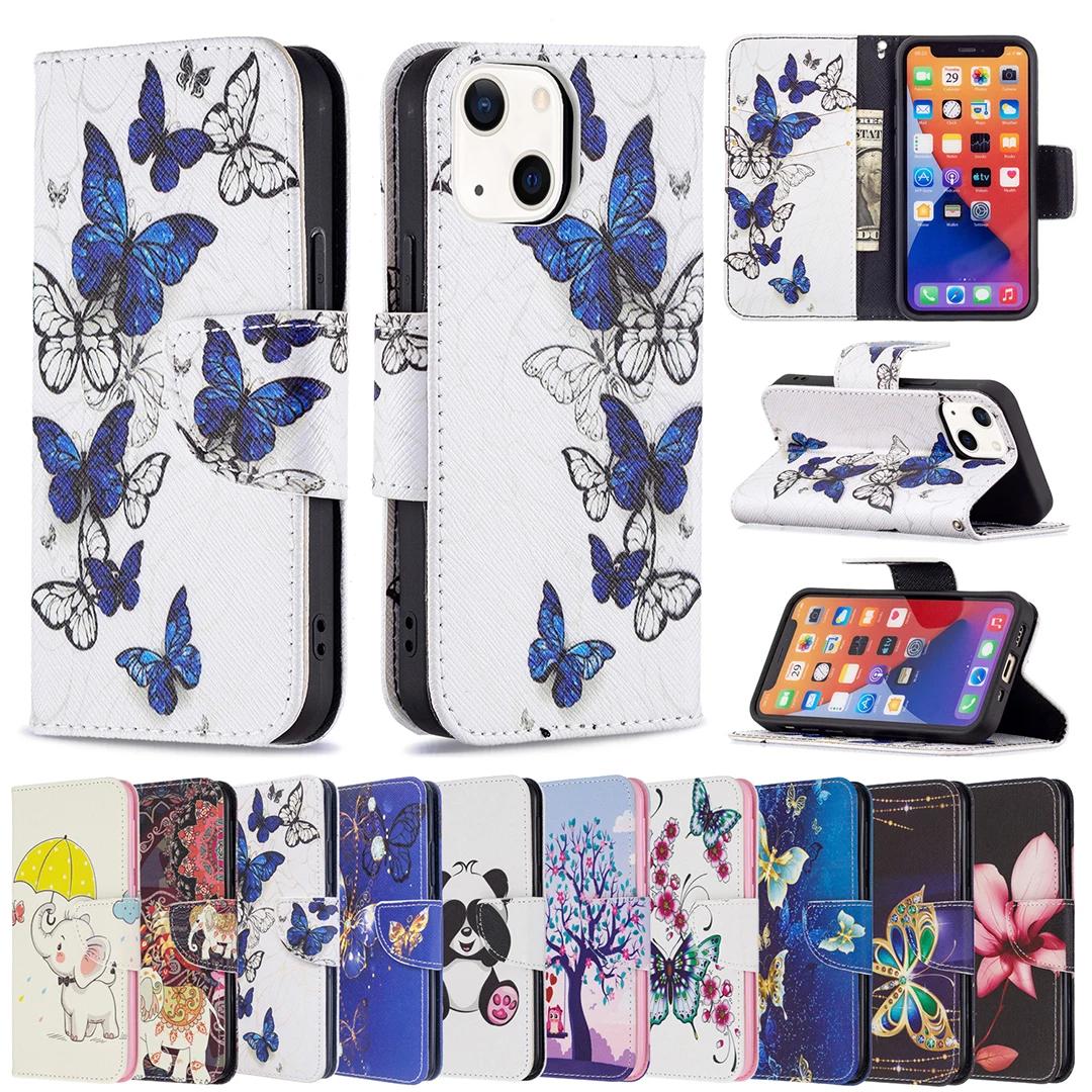 Armsad Loomad Lill Nahast Flip Phone Case for iPhone 14 13 Pro Max Rahakott Kate 3D Värvitud Card Slots Seista Täielikult Kaitsta Coque