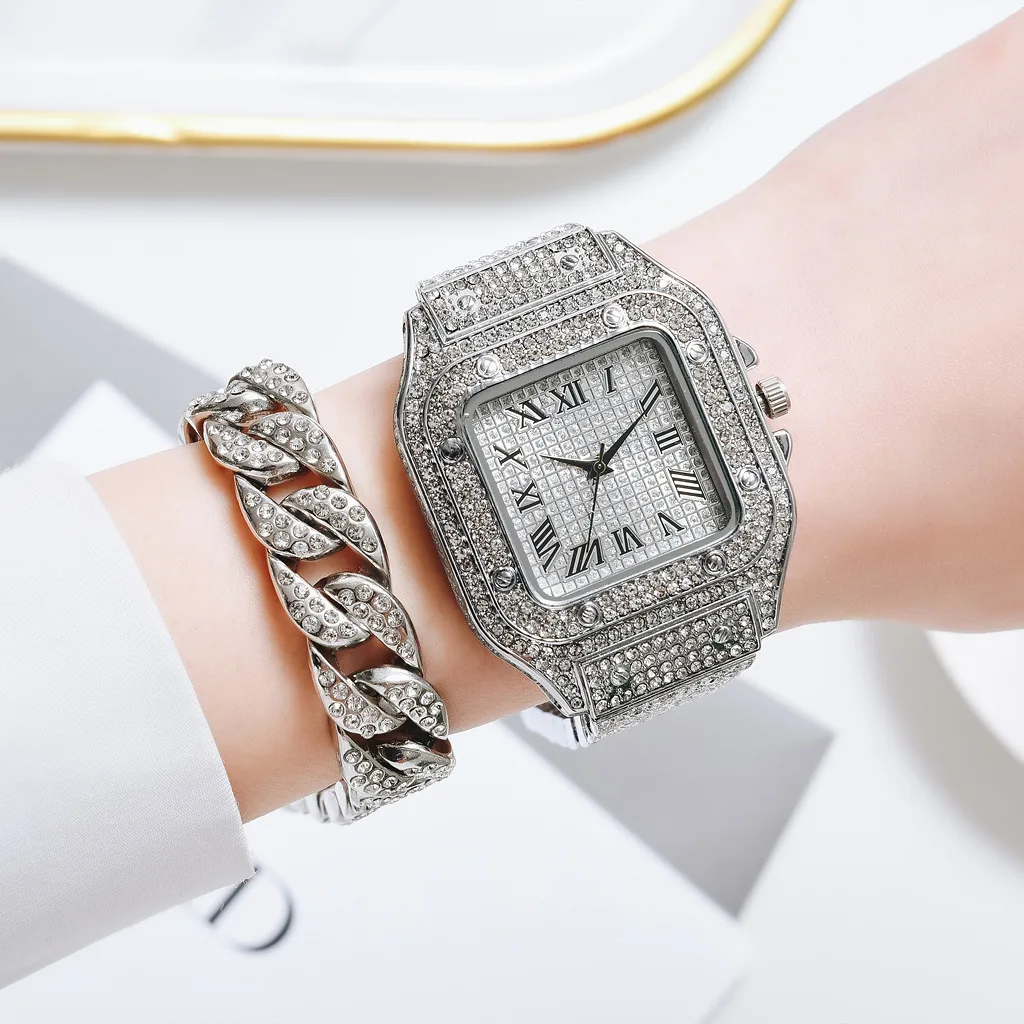 Daamid Watch Full Diamond Rooma Teksti Square Dial Daamid Quartz Watch Teemant Käevõru Komplekt Fashion Reloj Mujer