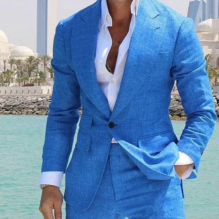 Kostüüm Suvel Voodipesu Blue Beach Pulmad Tuxedos Saavutas Rinnamikrofon Üks Nupp Peigmees Kandma Ametlikku Parim Mees Bleiser Sobib (Jope+Püksid)