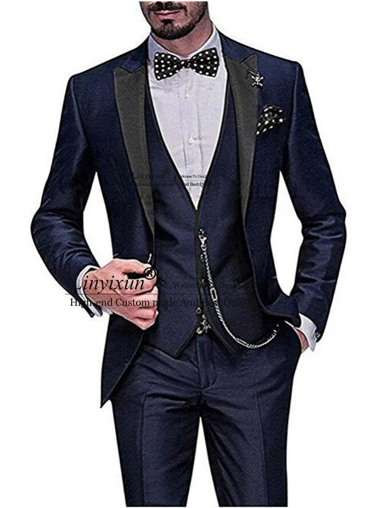 Klassikaline Tumesinine Meeste Ülikond Must Rinnamikrofon Peigmees Pulmas Tuxedos Slim Fit 3-osaline Komplekt, Äri Mees Kõnniteed Pintsak Vest Püksid Komplekt