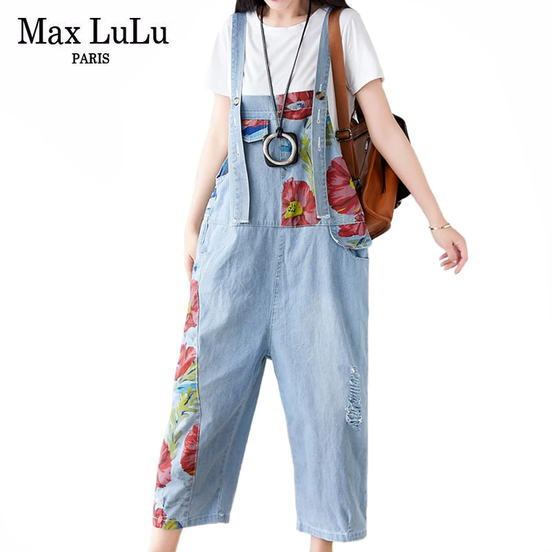 Max LuLu Euroopa 2021 Suvel Uus Disain Püksid Tüdruk Lahti Püksid Naistele Lilli Trükitud Tunked Daamid Vabaaja Denim Pantalons