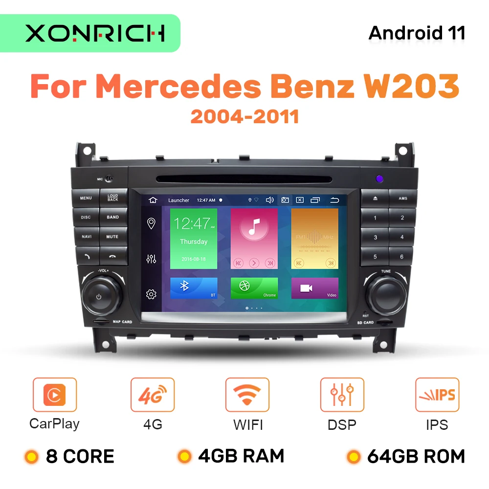 4GB 2 Din Android 11 Auto DVD Multimeedia Mercedes/Benz W203 W219 A-Klassi A160 C-Klassi 200 CLK200 Raadio GPS Navigation Stereo