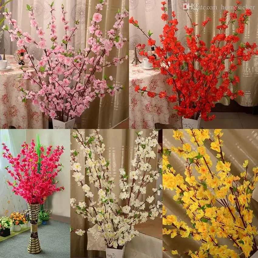65CM pikk Kunstlik Kirss Kevadel Ploomi Peach Blossom Branch Silk Flower Puu Pulmas Kaunistused tarvikud