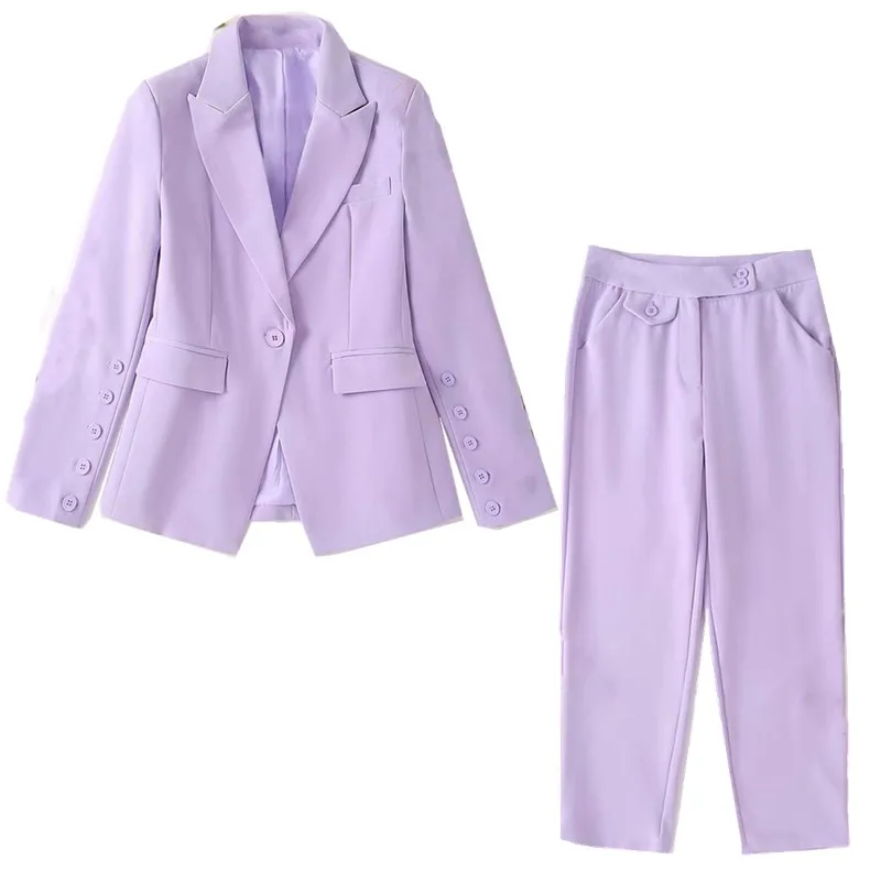 2020. aasta Sügisel Vintage Lavendel Tagasi Pilu Naiste Bleiser STIILNE Kõrge Vöökoht Väike Pikad Püksid, Pikad Varrukad, Sobib 2 Tükki Set Mantel