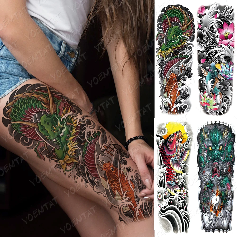 Veekindel Ajutine Täielik Käe Tätoveering Kleebised Dragon Koi Lotus Totem Värvitud Flash Tätoveeringud Naise Keha Art Võltsitud Varruka Tatto Mees