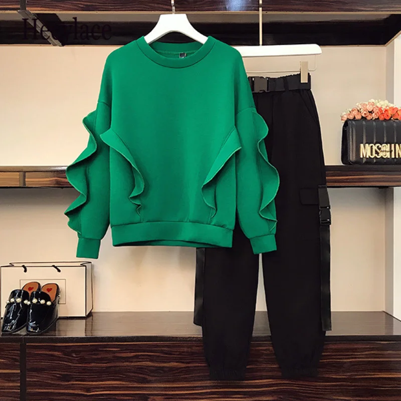Naiste Talve Riided Street Sobiks Ruumi puuvill Roheline Sweatershirt Top Ja Cargo Pant Kahe-osaline Komplekt Komplekt Tracksuit