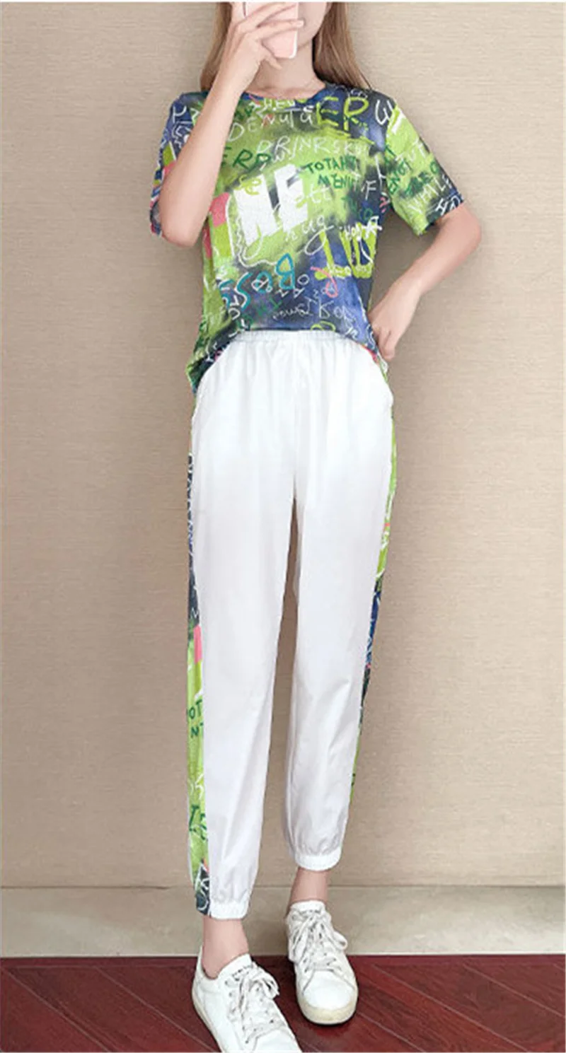 Korea Fashion Naiste Riided Tracksuit 2-osaline Komplekt, Suvine Vabaaja Spordi-O-kaeluse Trükkimine lühikese varrukaga T-särk+Haaremi Püksid