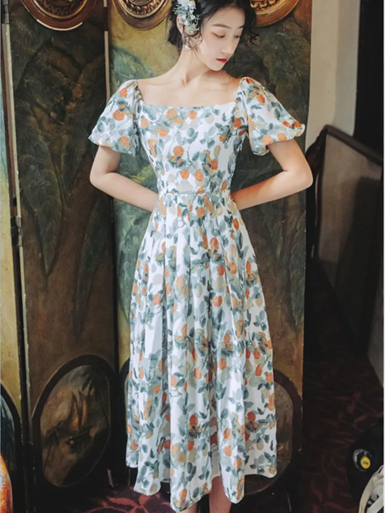 Seksikas Square Krae Trükitud Kleit Naiste Vintage Õie Kleit Naiselik 2021 Kleit Suvel Uued Lühikesed Varrukad Daamid Elegantne Vestido