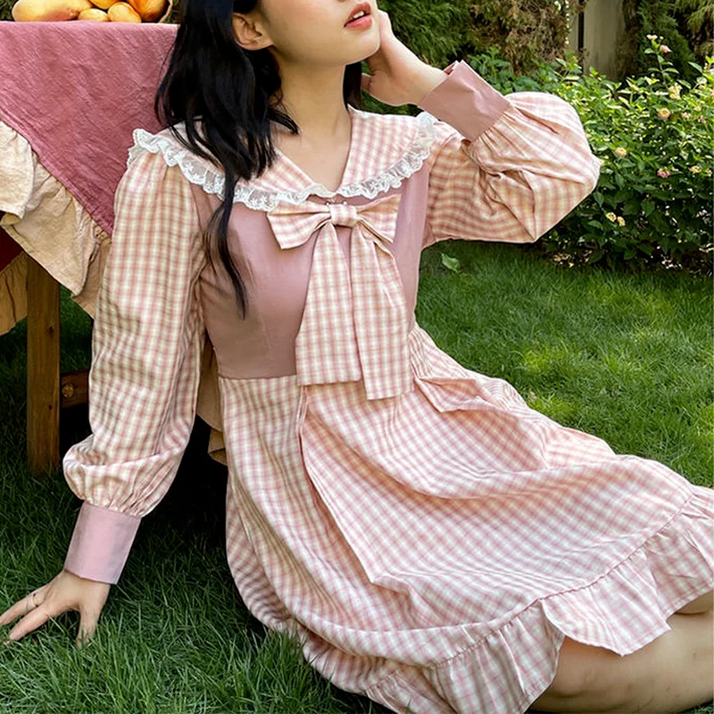 Talvel Kawaii Lolita Mini Kleit Naiste Jaapani Stiilis Pits Ruuduline Armas Peokleidid Naine Korea Vibu Segast Õhuke Kleit 2022