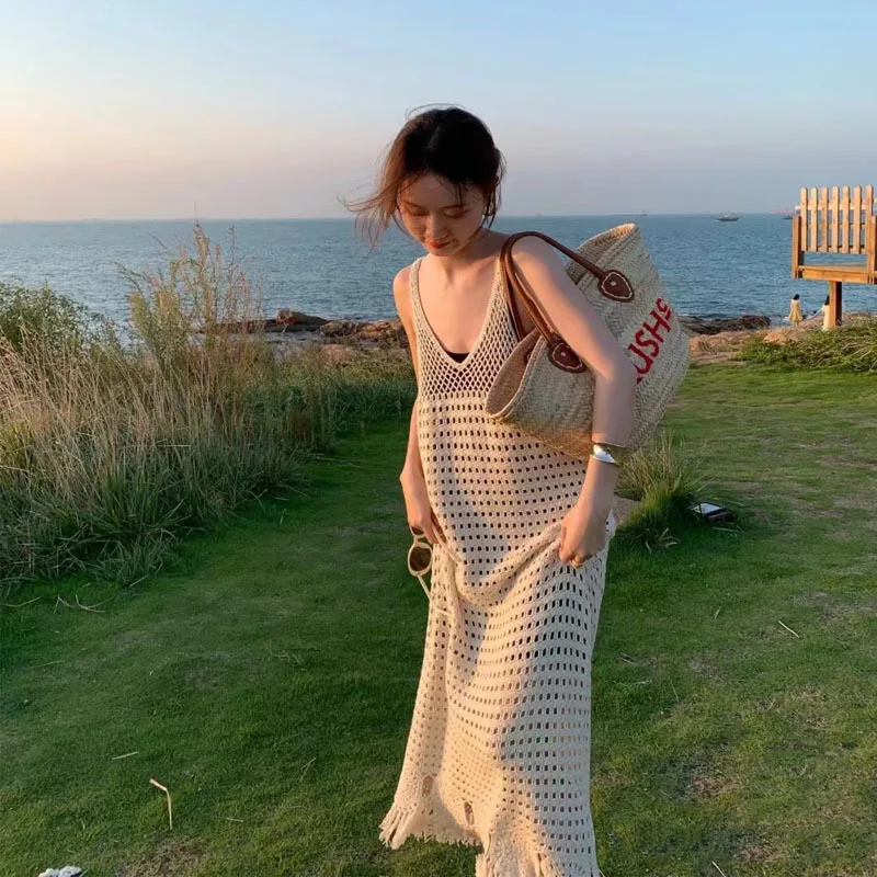 2022 Suvel Uus Mereäärne Puhkus Foto Beach Prantsuse Retro Niši Disaini Mõttes Kootud Riie Suspender Naiste Kleit
