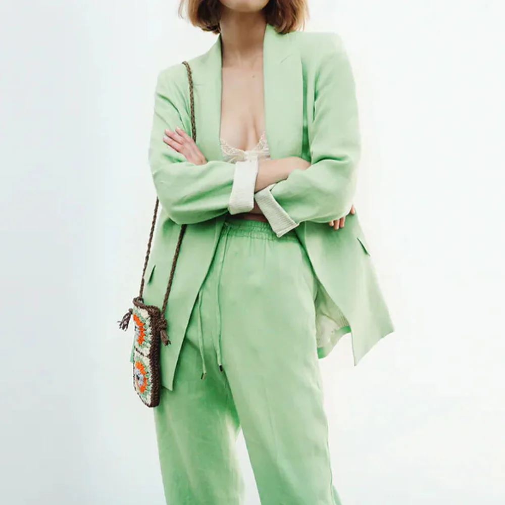 Naiste Kaks-töö Pant Ülikonna Pintsak Tahke Värv Roheline Mantel Vintage Pikad Varrukad Klapp Taskud Naiste Ülerõivad Stiilne Basic Jakid