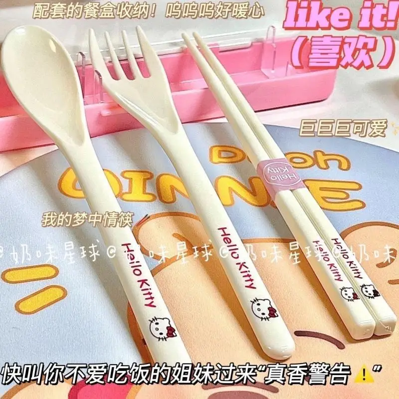 Kawaii Armas Sanrio Hello Kitty Kulp Söögipulgad Kahvel Kolm Rõivakomplekti Lauanõud Kaasaskantav Armas Tüdruk Jõulud Kingitus Lastele