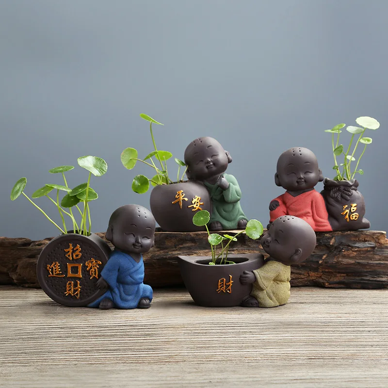 Keraamilised Lilla Savi Buda Munk Kung Fu Tee Sätestatud Tee Pet Ornament Hüdropooniline Vaas Rikkuse, Õnne Feng Shui Keskpunkt Home Decor