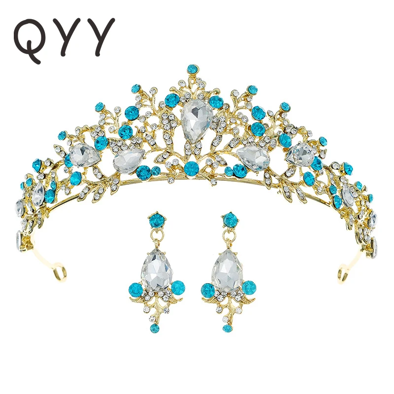 Blue Crystal Crown Kõrvarõngad Komplekt Pruudi Pulm Tiaras ja Kroonid Naiste Kulla Värvi Juuksed Ehted Lepinguosalise Pruut Headpiece Kingitus