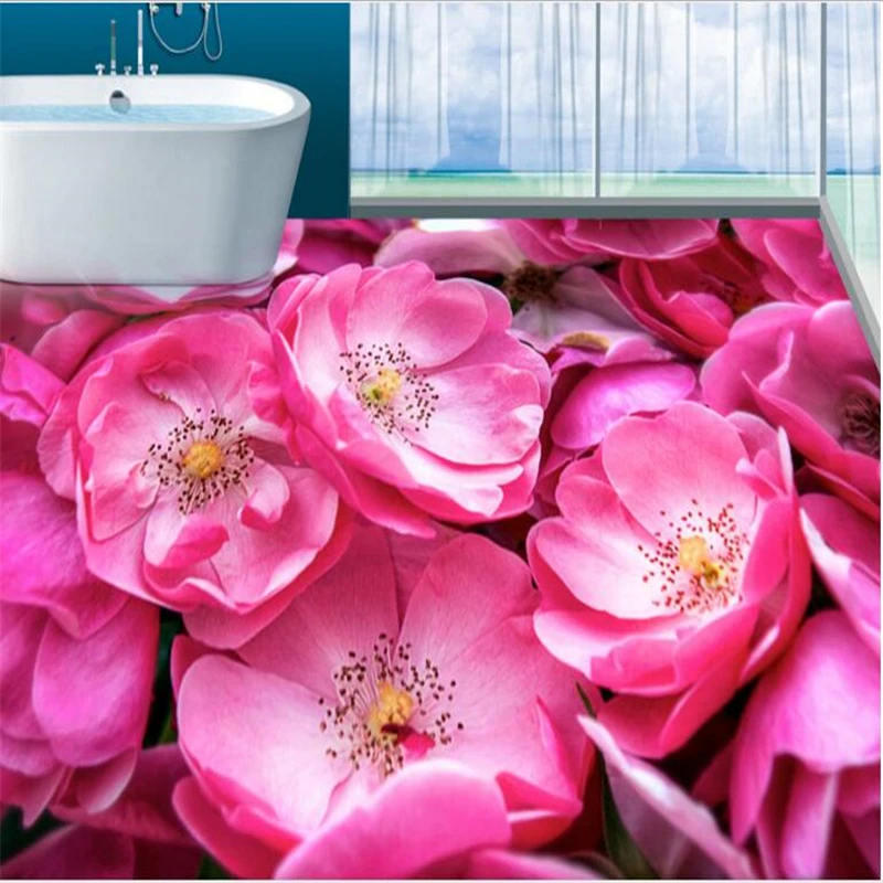 Custom põrandakate 3d seinamaaling veekindel tapeet ilus romantiline roosa roosid vannituba, elutuba 3D põrandaplaadid de Papel parede