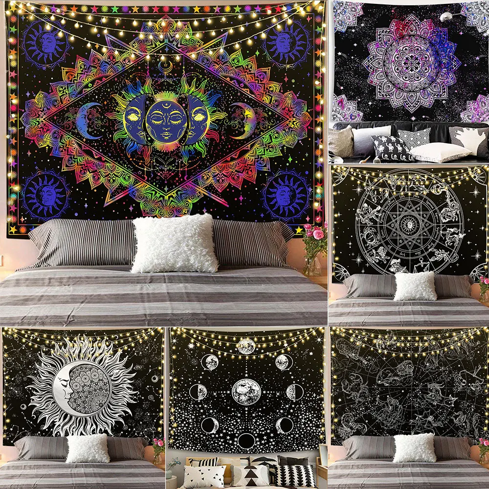 Must Mandala Sun Moon Tapestry Hipi Silma Zodiac Astroloogia Chart 7 Tšakrat Vaip Seinal Rippuvad Laud Lapiga Katta Lagi