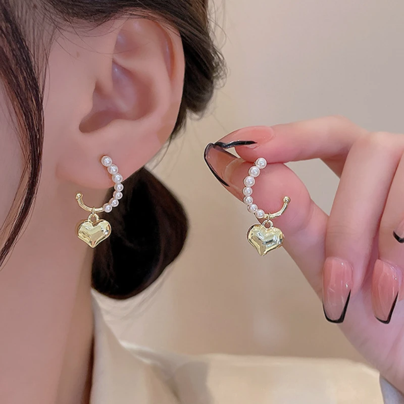 VSnow Minimalistlik Pikk Tutt C Kuju Imitatsioon Pearl Beaded Tolknema Earings Naiste Kuld Armastus Südames Metallist Ehted Earings