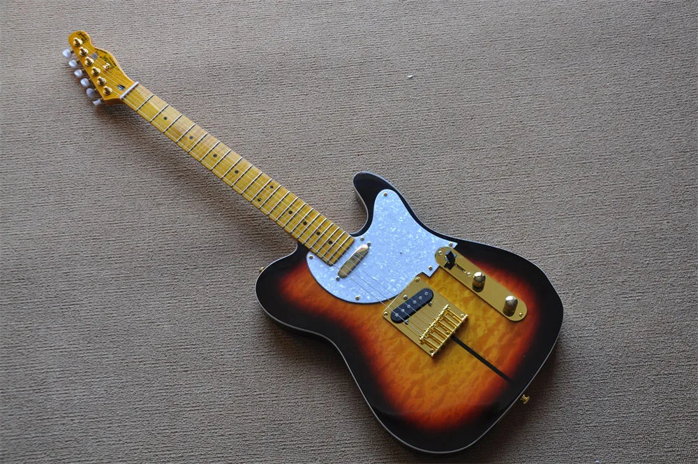 Tuff Koer Tele sunburst Electric Guitar Maple Top Gold Riistvara Füüsiline puidu värvi semi-hollow Kitarr tõeline fotod laos 330